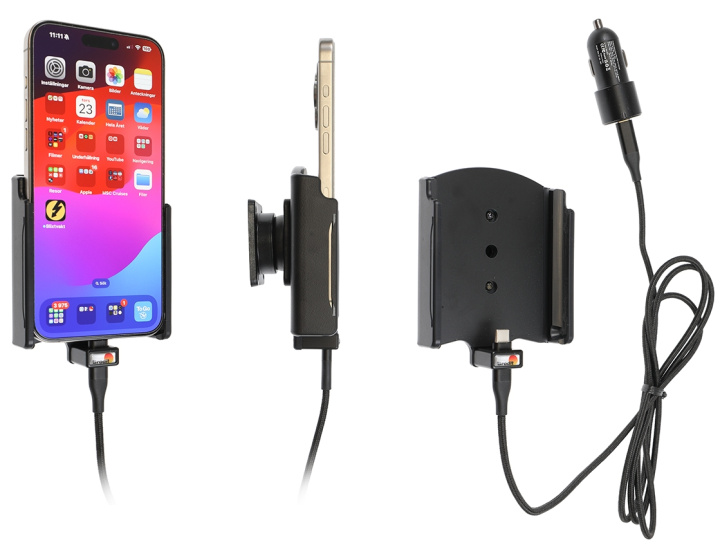Brodit Aktiv hållare med USB-kabel och cigg-adapter, Apple iPhone 15 Pro Max i gruppen Smartphone i bil / Mobilhållare hos CD Bilradio (240721375)