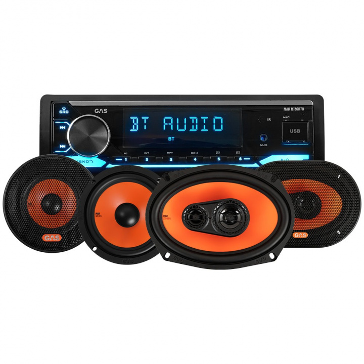 GAS MAD M130-BTN med MAD K2/X2-högtalare, bilstereopaket i gruppen Kampanjer / SommarDeals hos CD Bilradio (SETMADM130BTNPKT1)