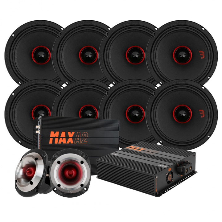 8-pack Bass Habit SE2200M och SE245T SPL-paket med steg, large i gruppen Paketerbjudanden / SPL Högtalarpaket med slutsteg hos CD Bilradio (SETSE2200MPKT4)